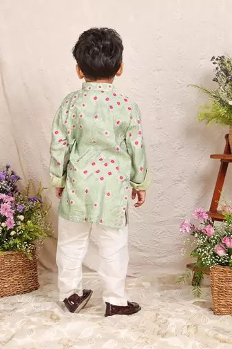 Pista green embroidered silk kurta set
