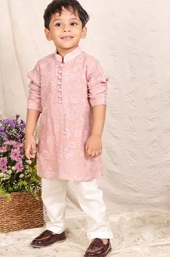 Dusty pink embroidered chanderi kurta set