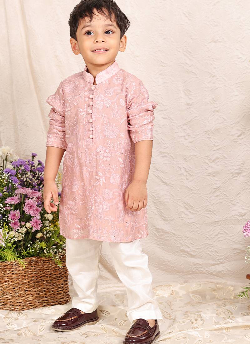 Dusty pink embroidered chanderi kurta set
