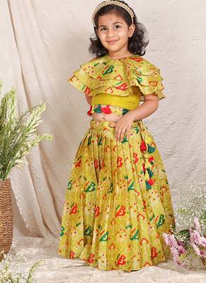 Lime green printed silk lehenga set 1