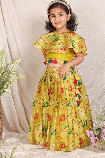 Lime green printed silk lehenga set