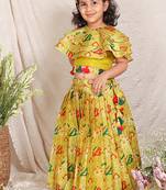 Lime green printed silk lehenga set