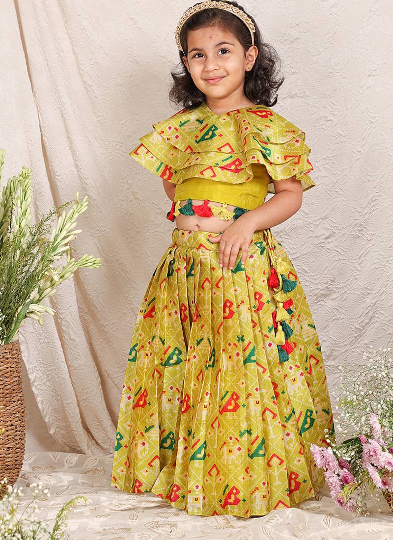 Lime green printed silk lehenga set