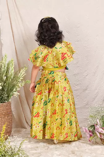 Lime green printed silk lehenga set