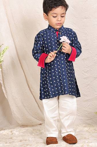 Navy blue printed chanderi kurta set