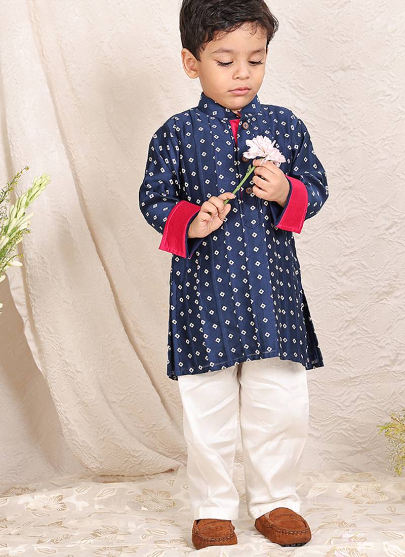 Navy blue printed chanderi kurta set