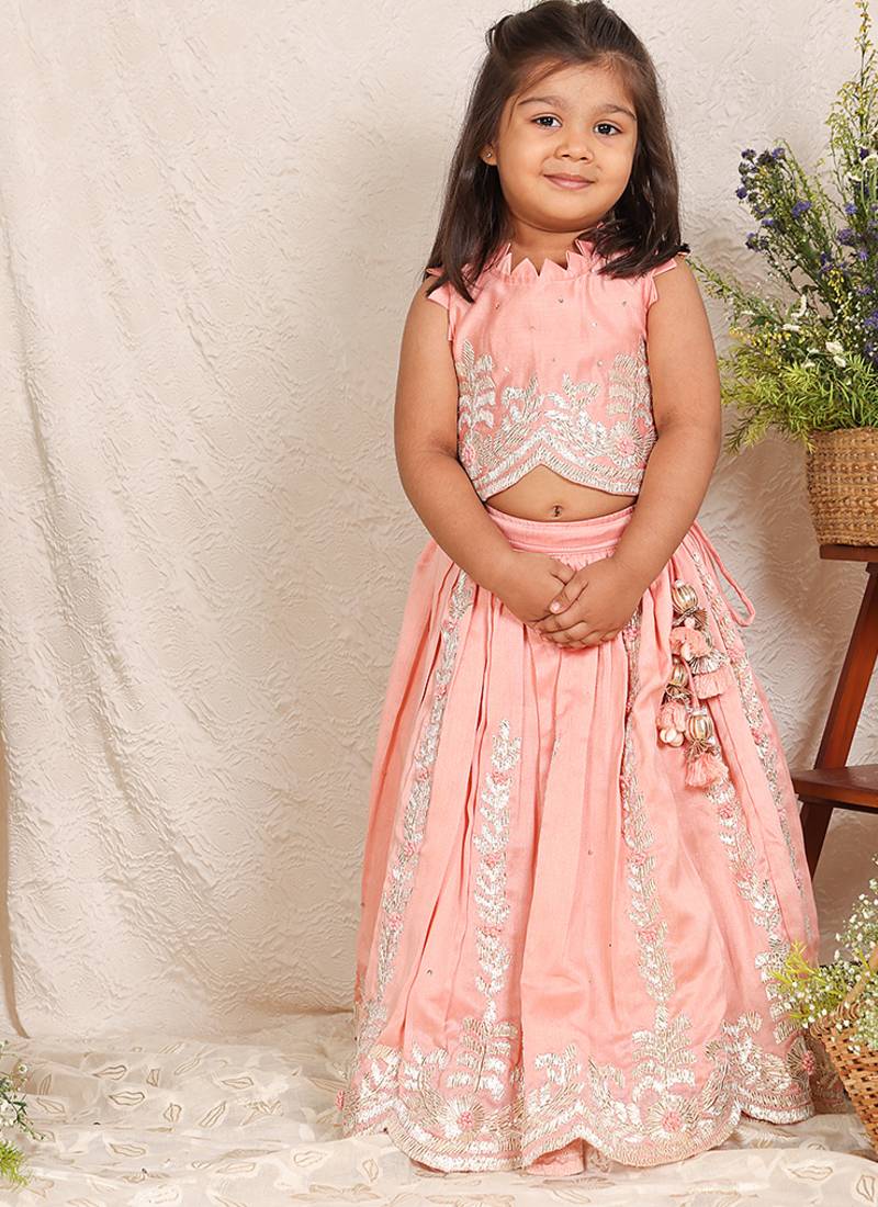 Pink embroidered chanderi lehenga set
