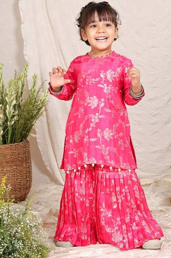 Hot pink printed silk sharara set