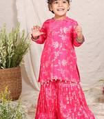Hot pink printed silk sharara set