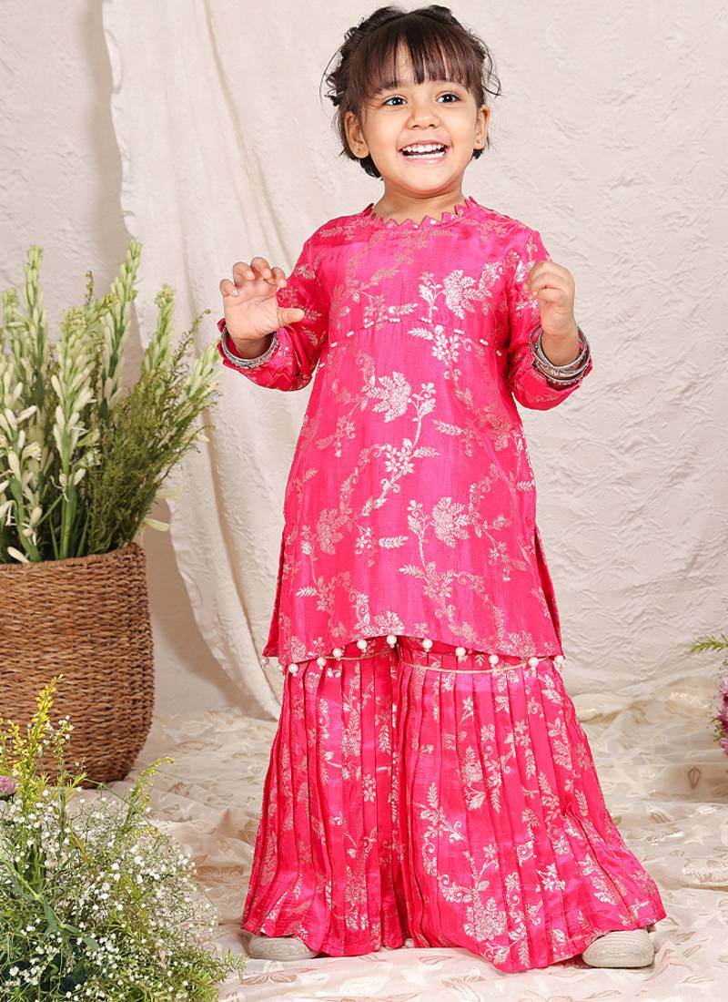 Hot pink printed silk sharara set