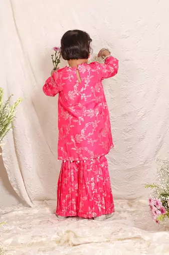 Hot pink printed silk sharara set