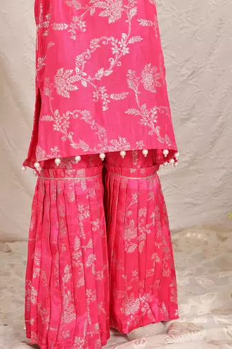 Hot pink printed silk sharara set