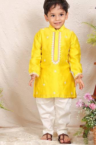 Yellow embroidered chanderi kurta set