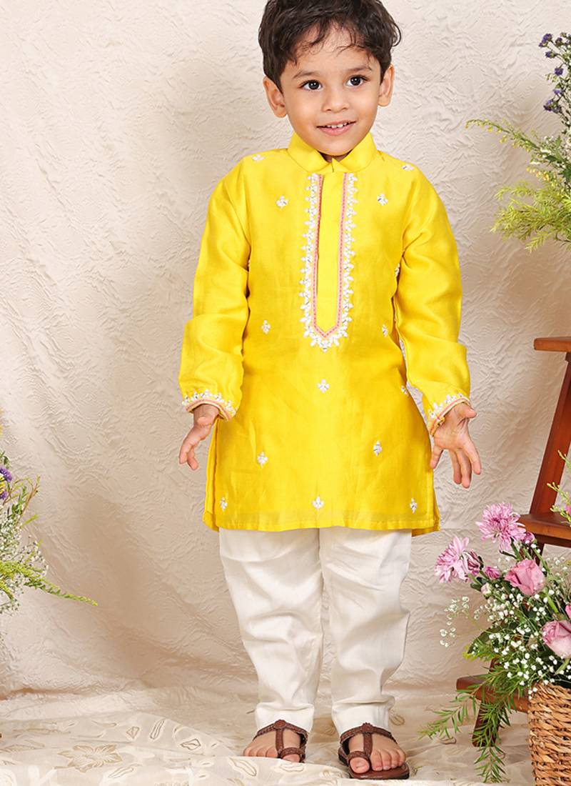 Yellow embroidered chanderi kurta set