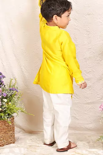 Yellow embroidered chanderi kurta set
