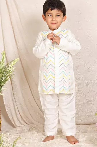 White embroidered silk kurta set