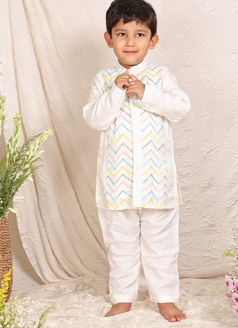 White embroidered silk kurta set