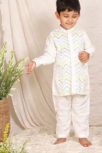 White embroidered silk kurta set