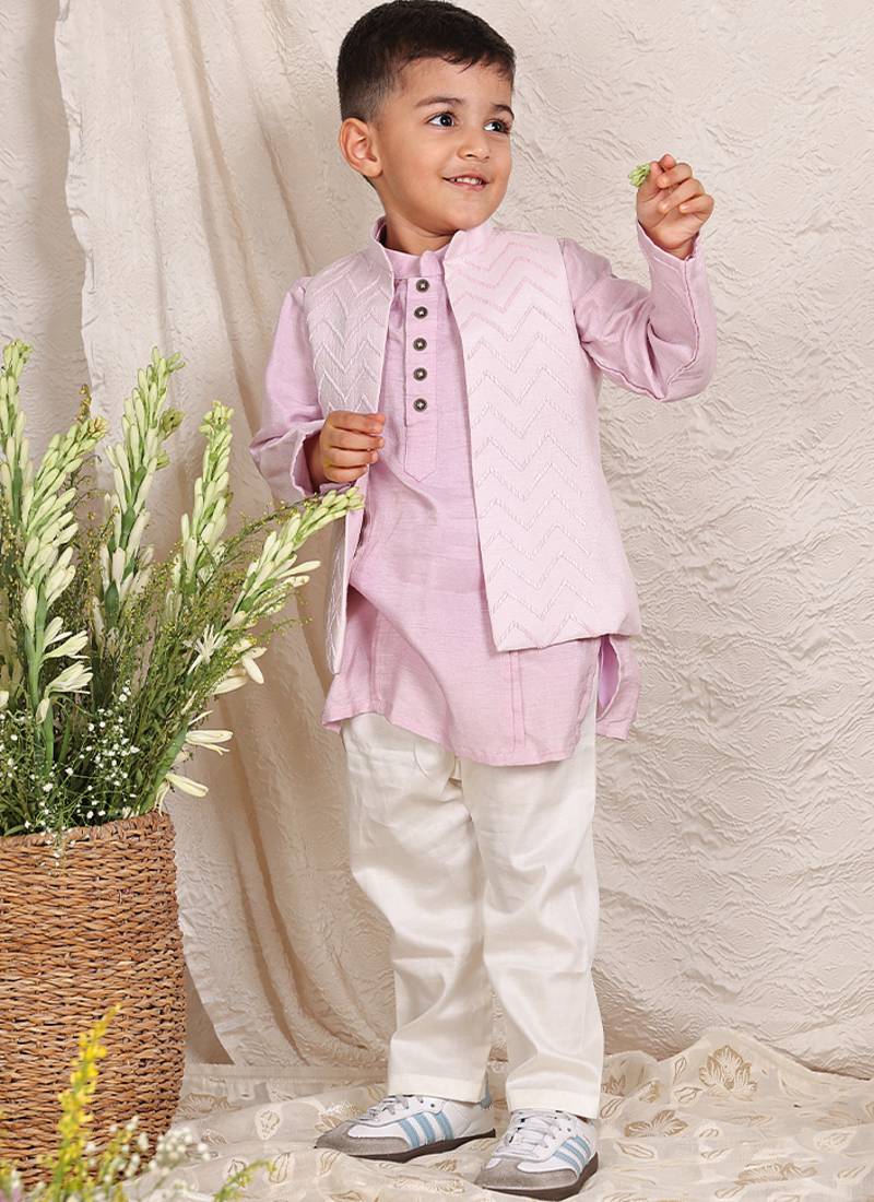 Lavender embroidered silk kurta jacket set