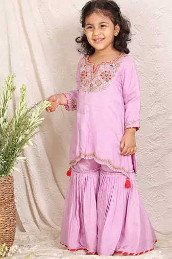 Lavender embroidered silk sharara set