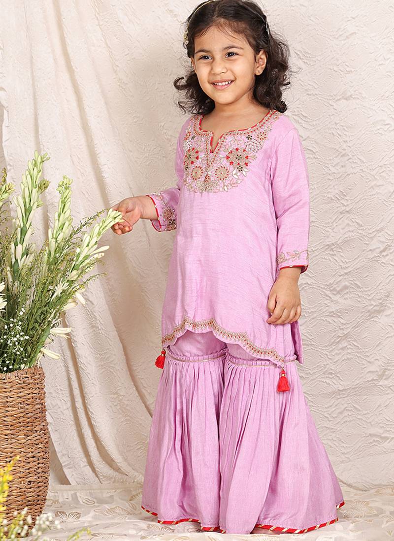 Lavender embroidered silk sharara set