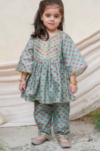 Sea green printed chanderi kurti set
