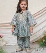 Sea green printed chanderi kurti set