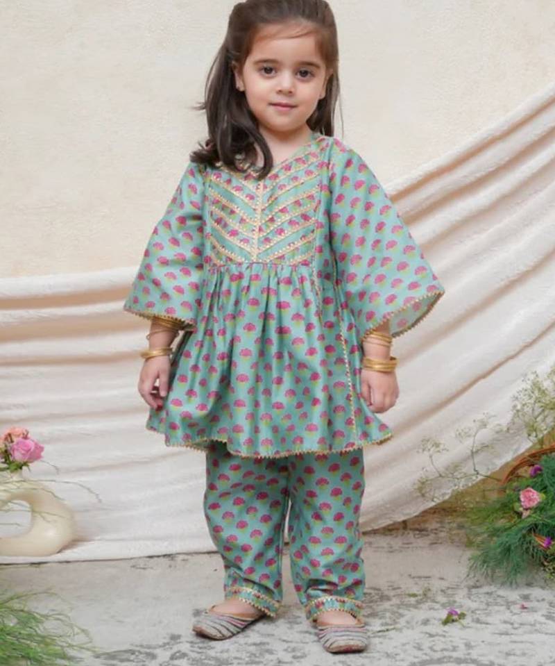 Sea green printed chanderi kurti set
