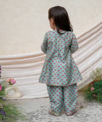 Sea green printed chanderi kurti set 2