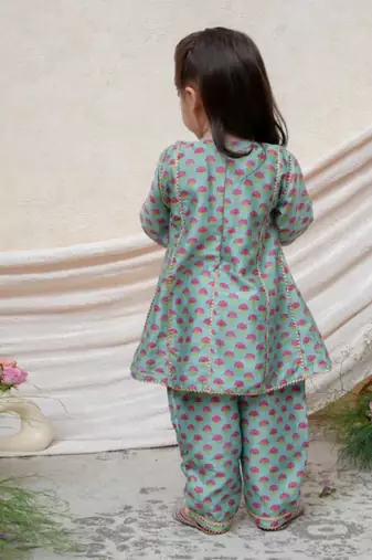 Sea green printed chanderi kurti set