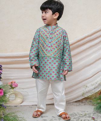 Sea green printed chanderi kurta set 1