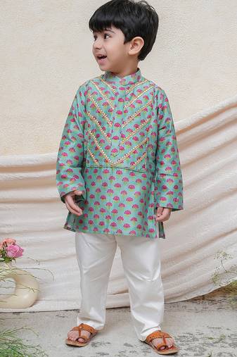 Sea green printed chanderi kurta set