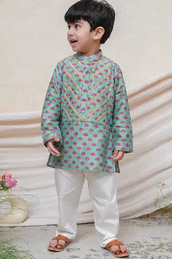 Sea green printed chanderi kurta set