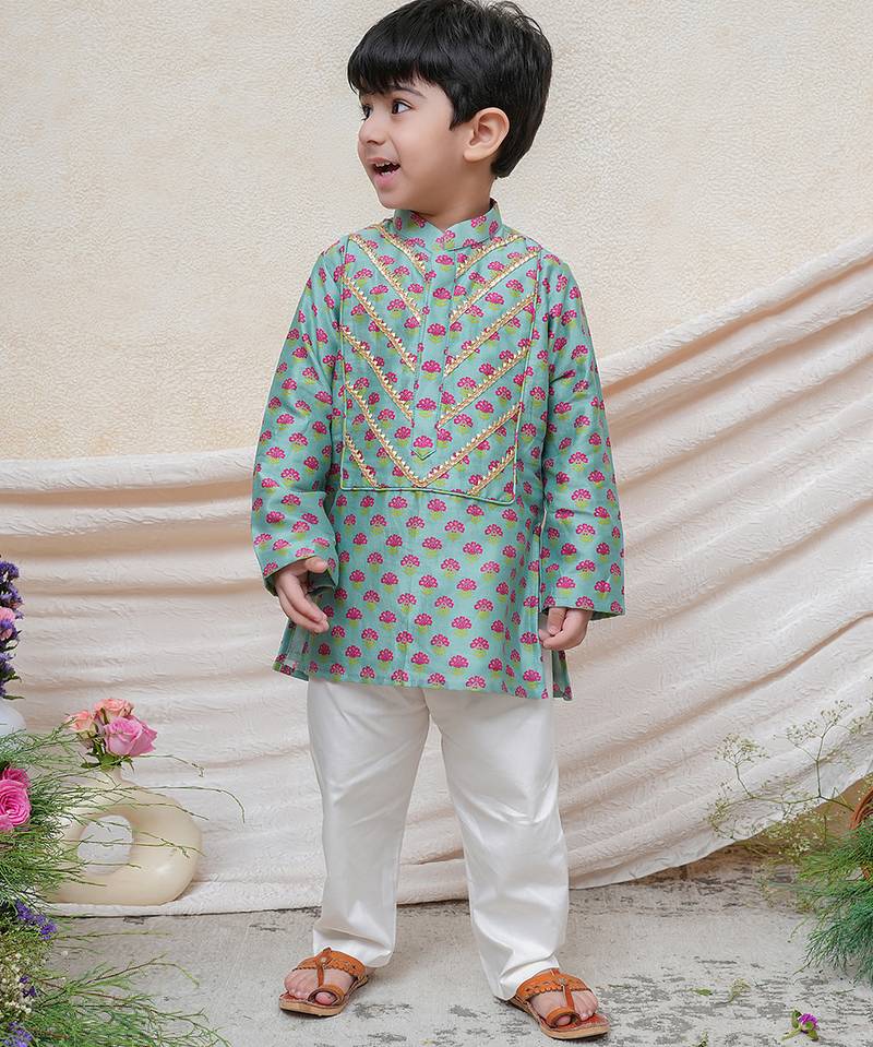 Sea green printed chanderi kurta set