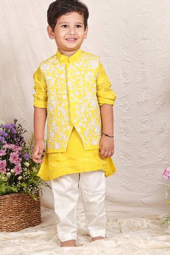 Yellow embroidered tissue kurta jacket set