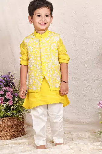 Yellow embroidered tissue kurta jacket set