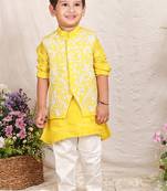 Yellow embroidered tissue kurta jacket set