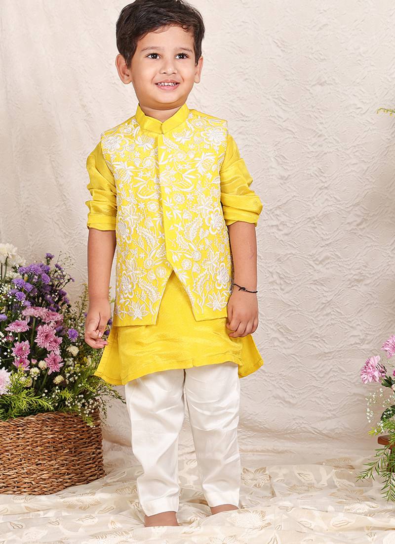Yellow embroidered tissue kurta jacket set