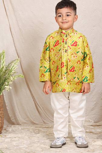 Lime green printed chanderi kurta jacket set