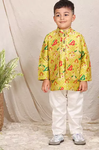 Lime green printed chanderi kurta jacket set