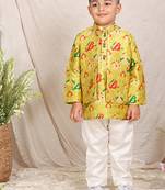 Lime green printed chanderi kurta jacket set