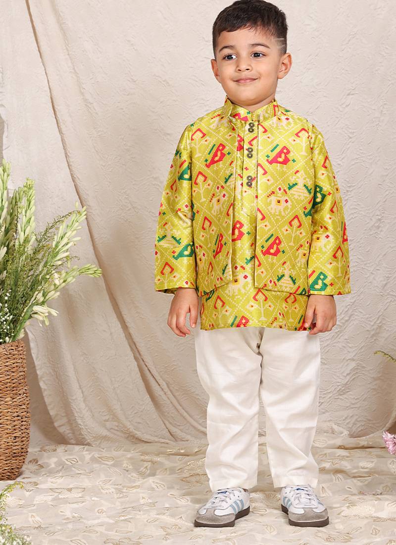 Lime green printed chanderi kurta jacket set