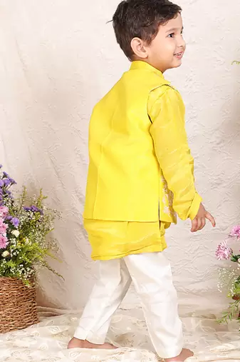 Yellow embroidered tissue kurta jacket set