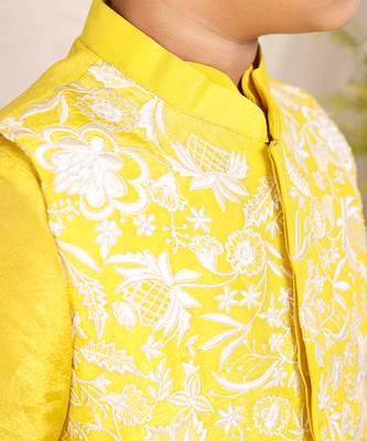 Yellow embroidered tissue kurta jacket set 3