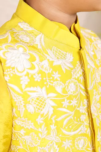 Yellow embroidered tissue kurta jacket set