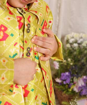 Lime green printed chanderi kurta jacket set 2
