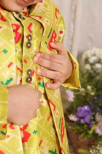 Lime green printed chanderi kurta jacket set