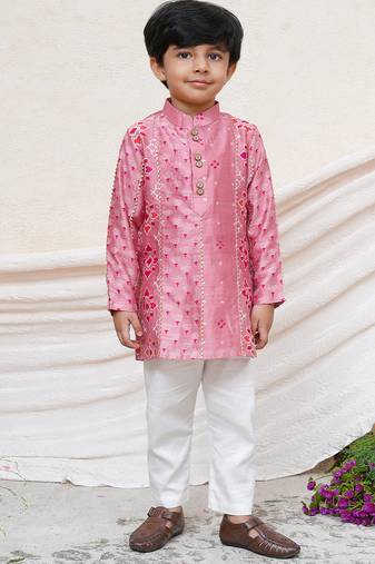 Dusty pink embroidered chanderi kurta set