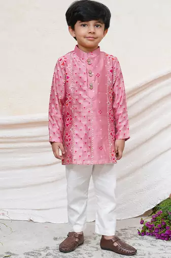 Dusty pink embroidered chanderi kurta set