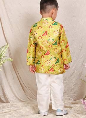 Lime green printed chanderi kurta jacket set 3